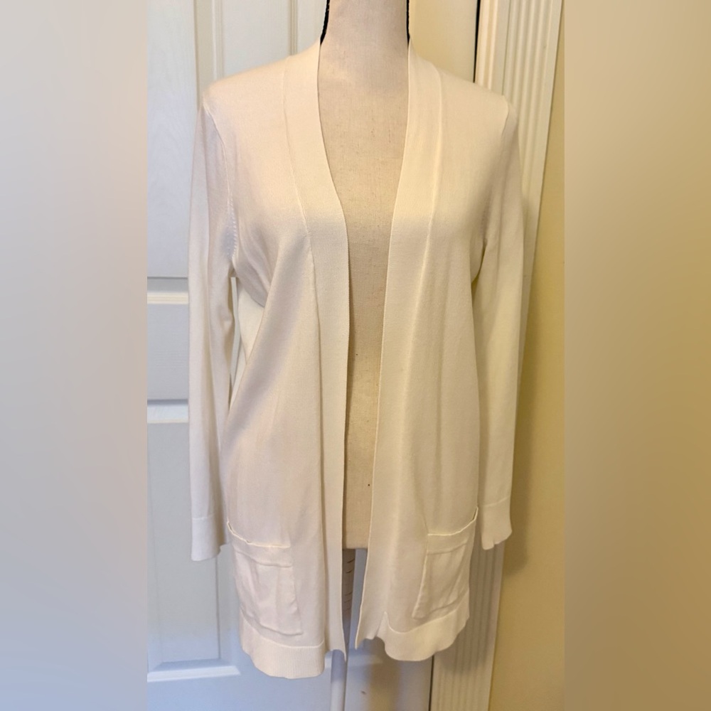 Lands' End White Open-Front Women's Cardigan with pockets, like new, Sz SP